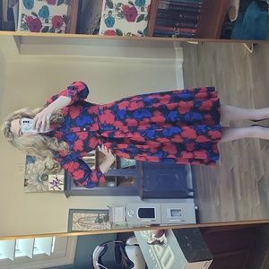 Banana Republic Bold Red Blue Poppy Floral Print Midi Shirt Dress w/ Belt